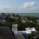 Houses and palm trees with sea behind